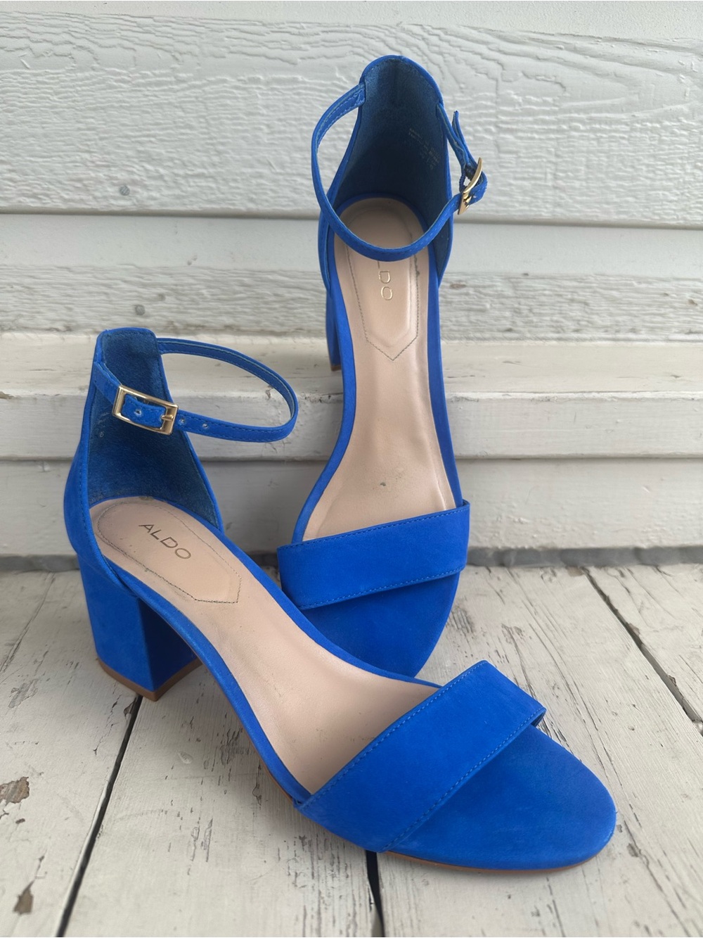 ALDO Bright Cobalt Blue Suede Block Heel Sandals with Ankle Strap